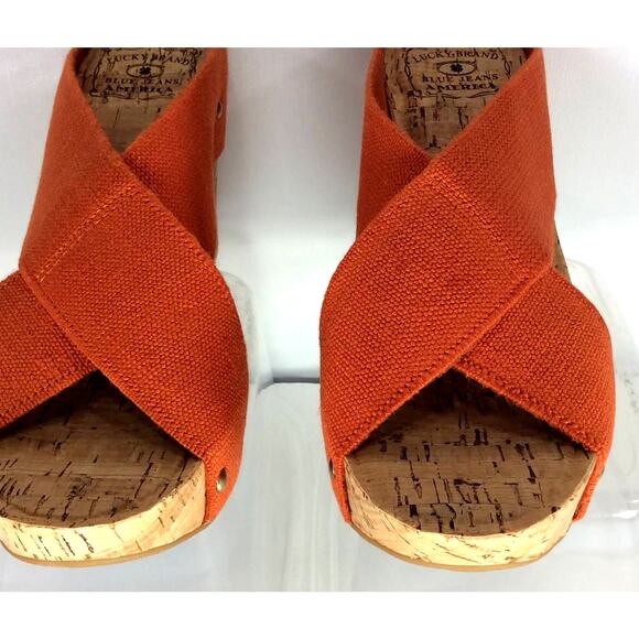 Lucky Brand Miller 2 Platform Wedge Cork Orange Tangerine Sandals Heels 9.5 M - Picture 6 of 10